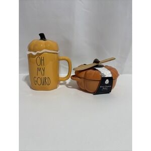 Rae Dunn "Oh My Gourd" Pumpkin Topper Mug & Pumpkin Brie Cheese Baker New